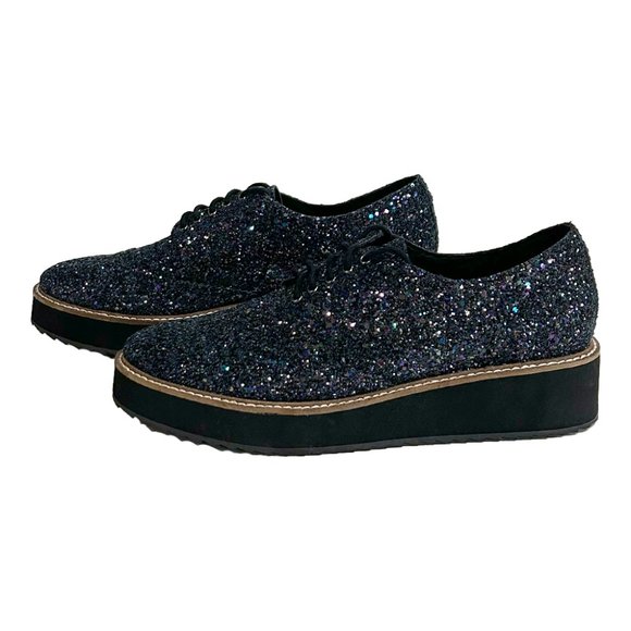 Shellys London Platform Glitter Oxfords, Black, 8 - Picture 2 of 4